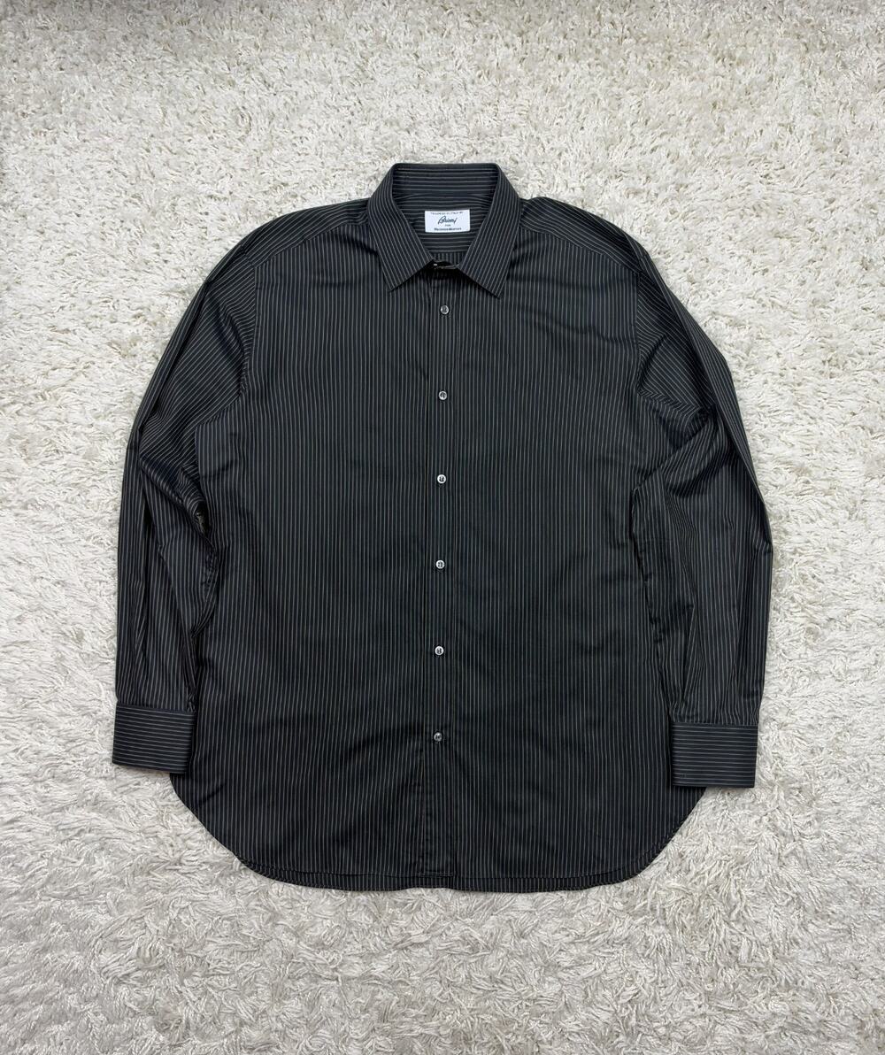 Brioni for Neiman Marcus Dress Shirt Mens 16 Black Gold Pinstripe Cotton Italy